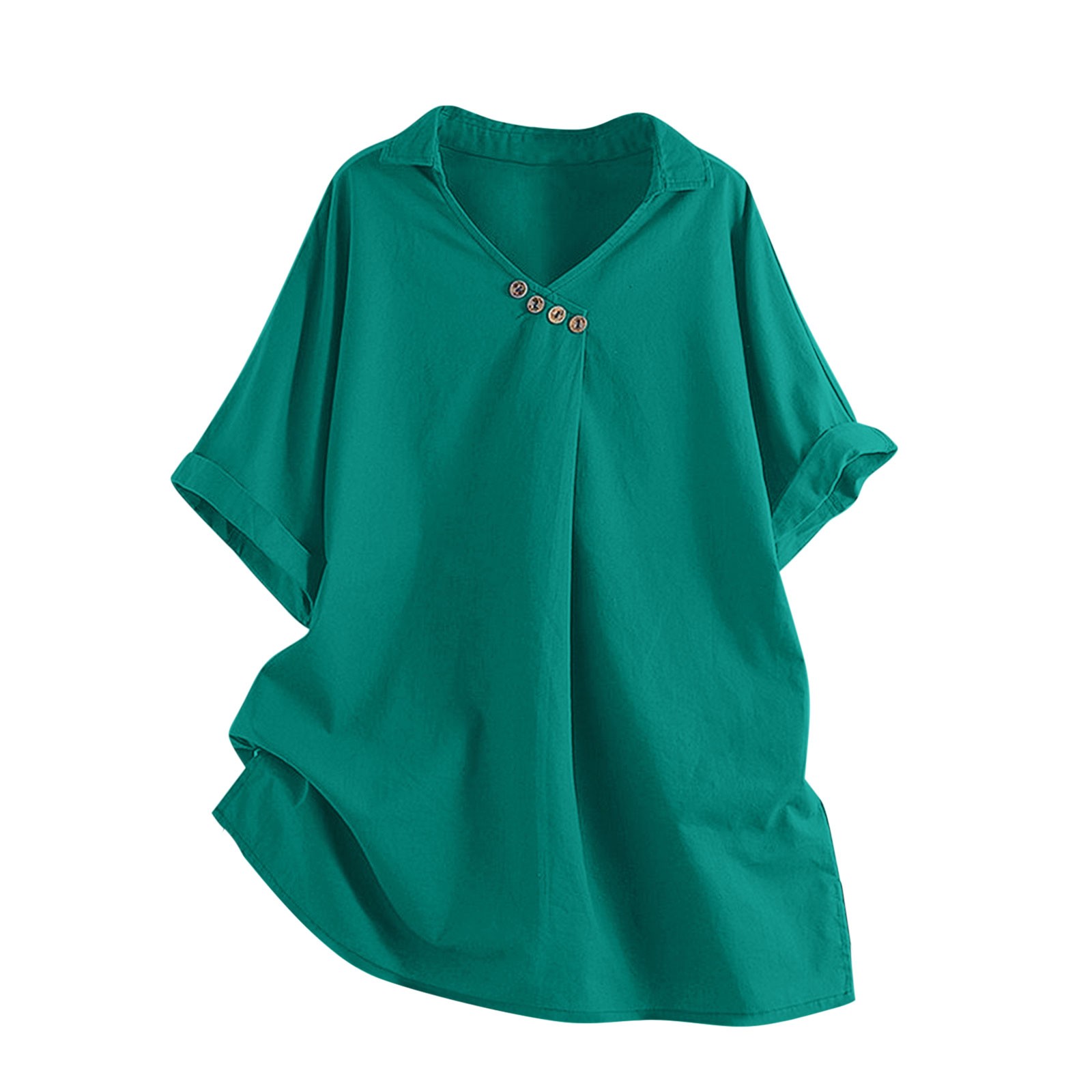 thumbnail image 1 of Blusa con cuello en V y botones para mujer, tejido ligero de verano, corte holgado, diseño asimétrico, camisa informal de estilo urbano, 1 of 4